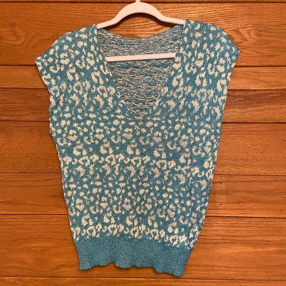 Vintage Sweaters - Vintage 80s French Rags hand loomed in California leopard print blue sweater
